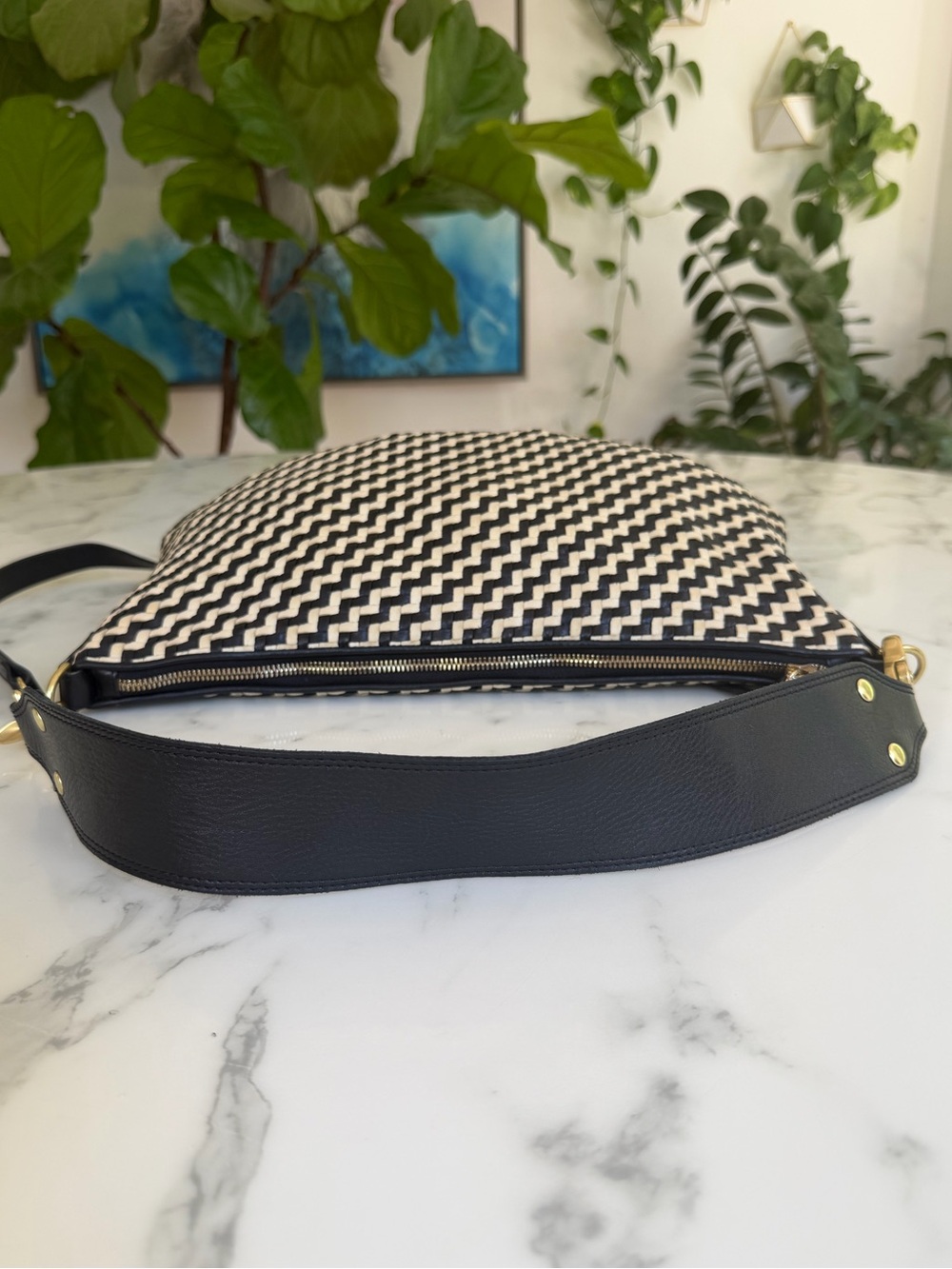 Clare V. Moyen Messenger Bag Black & Cream Woven Zig Zag Leather Crossbody - Picture 13 of 16